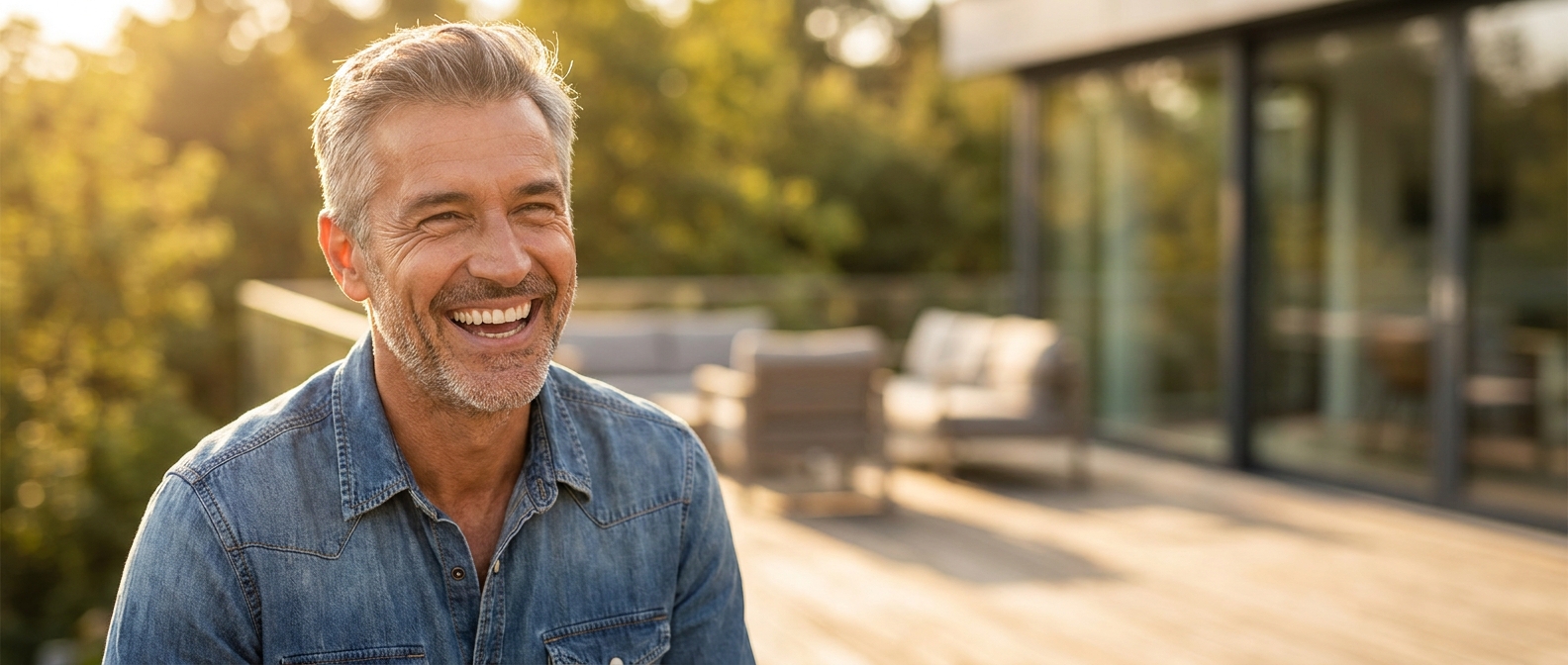 A ClearChoice patient at home, smiling with confidence