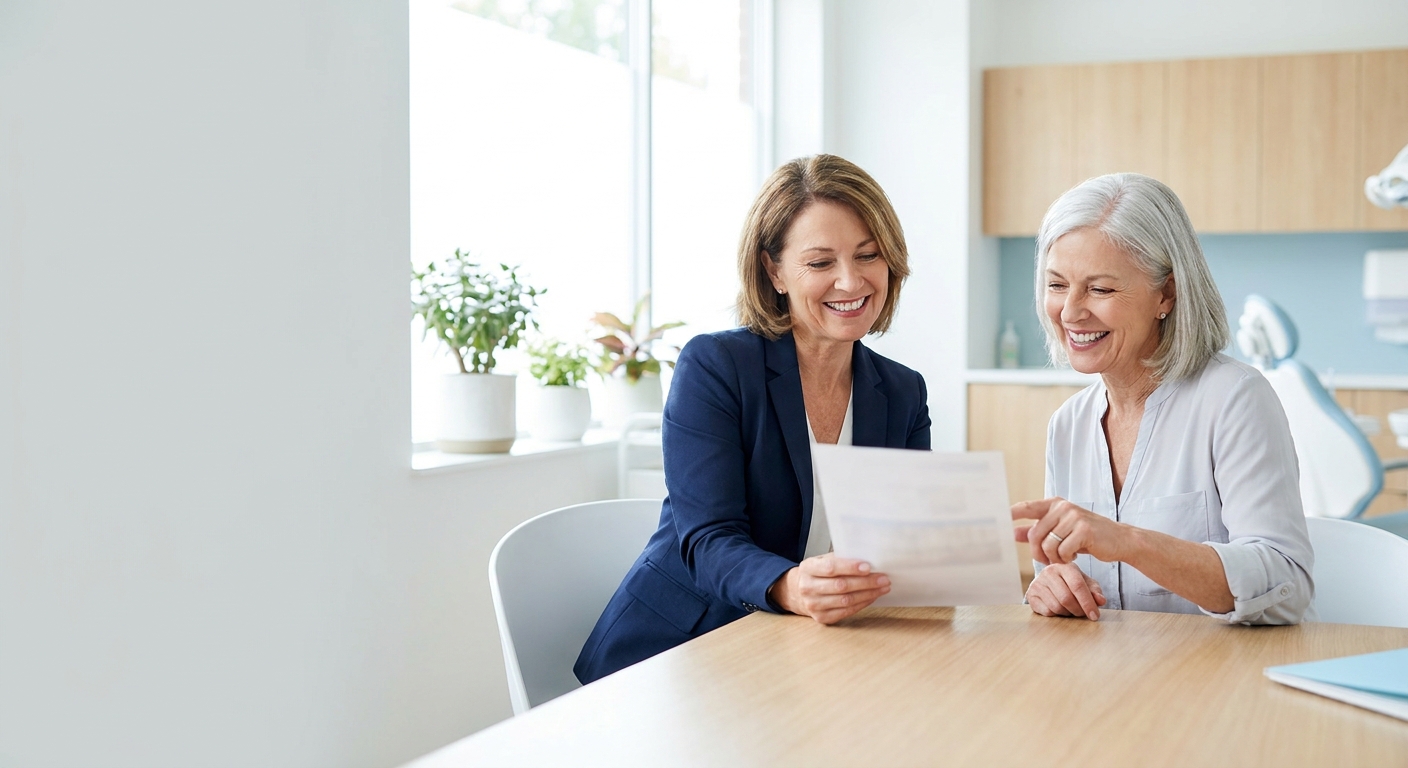 A ClearChoice team member reviewing a simple plan with a patient at a bright desk