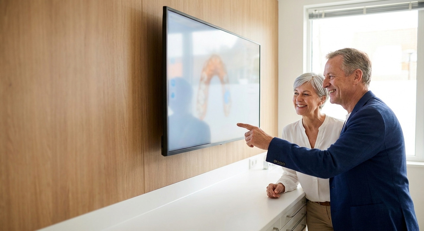 A couple pointing at a large screen showing a 3D preview of a new smile in a consult room