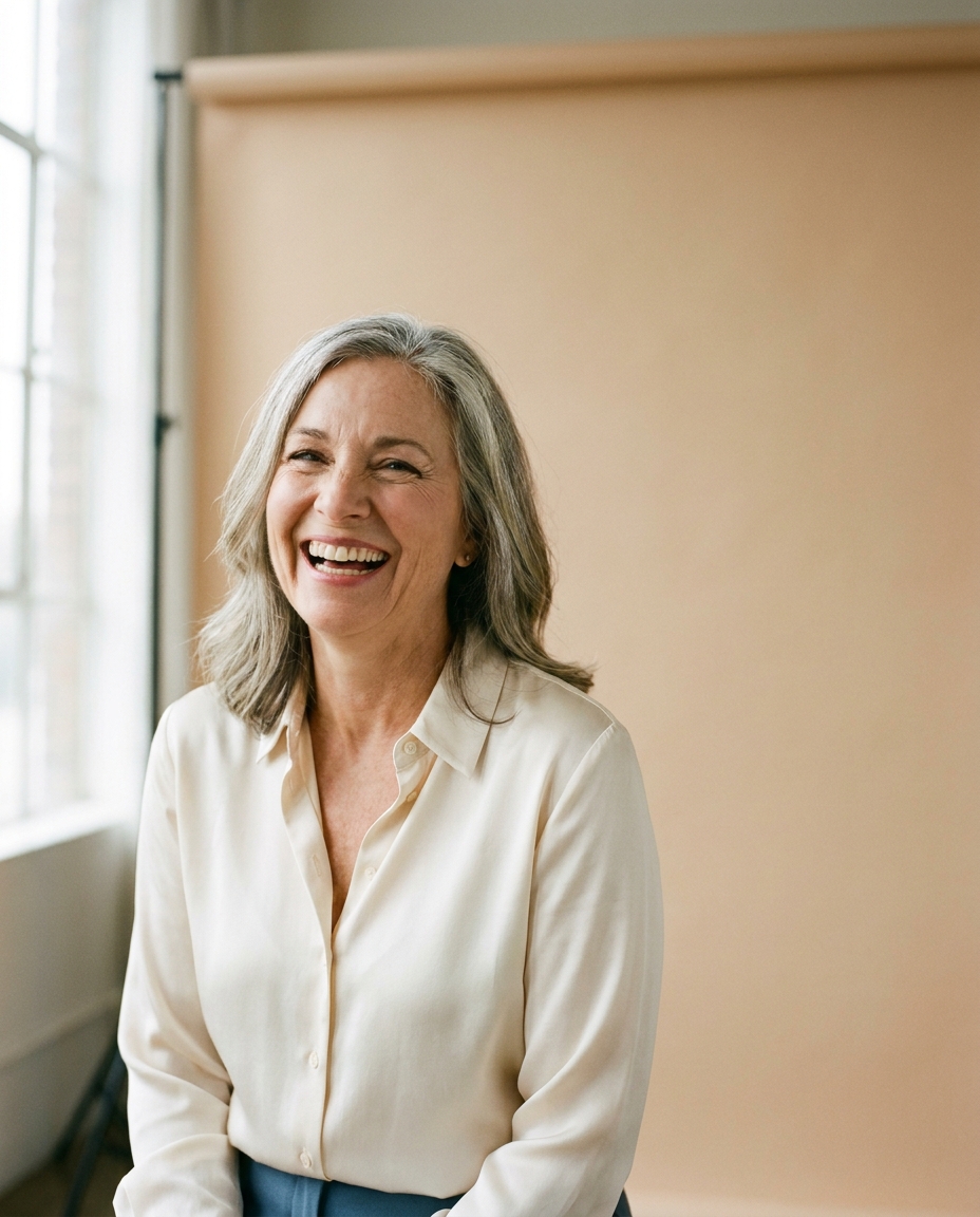 A patient laughing freely in a warm studio portrait