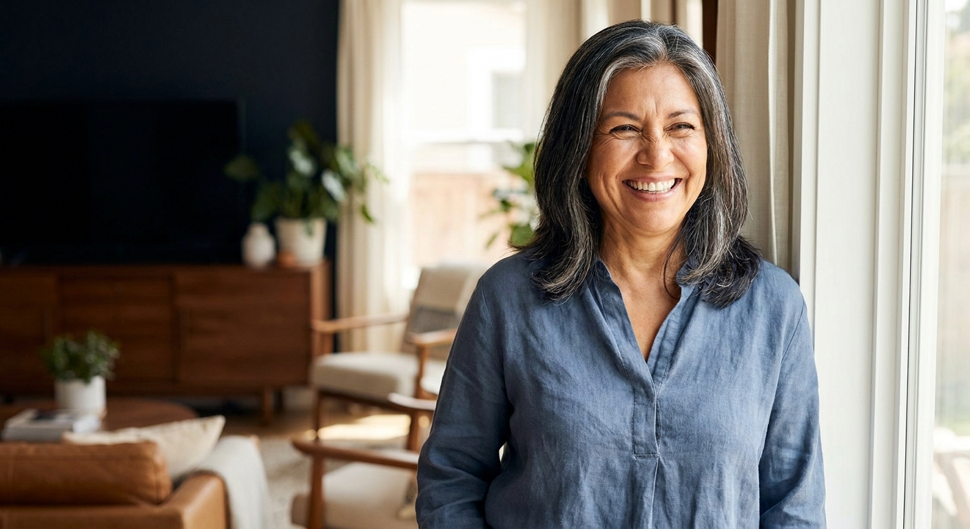 Portrait of a woman with silver-streaked hair smiling in a dusty-blue blouse