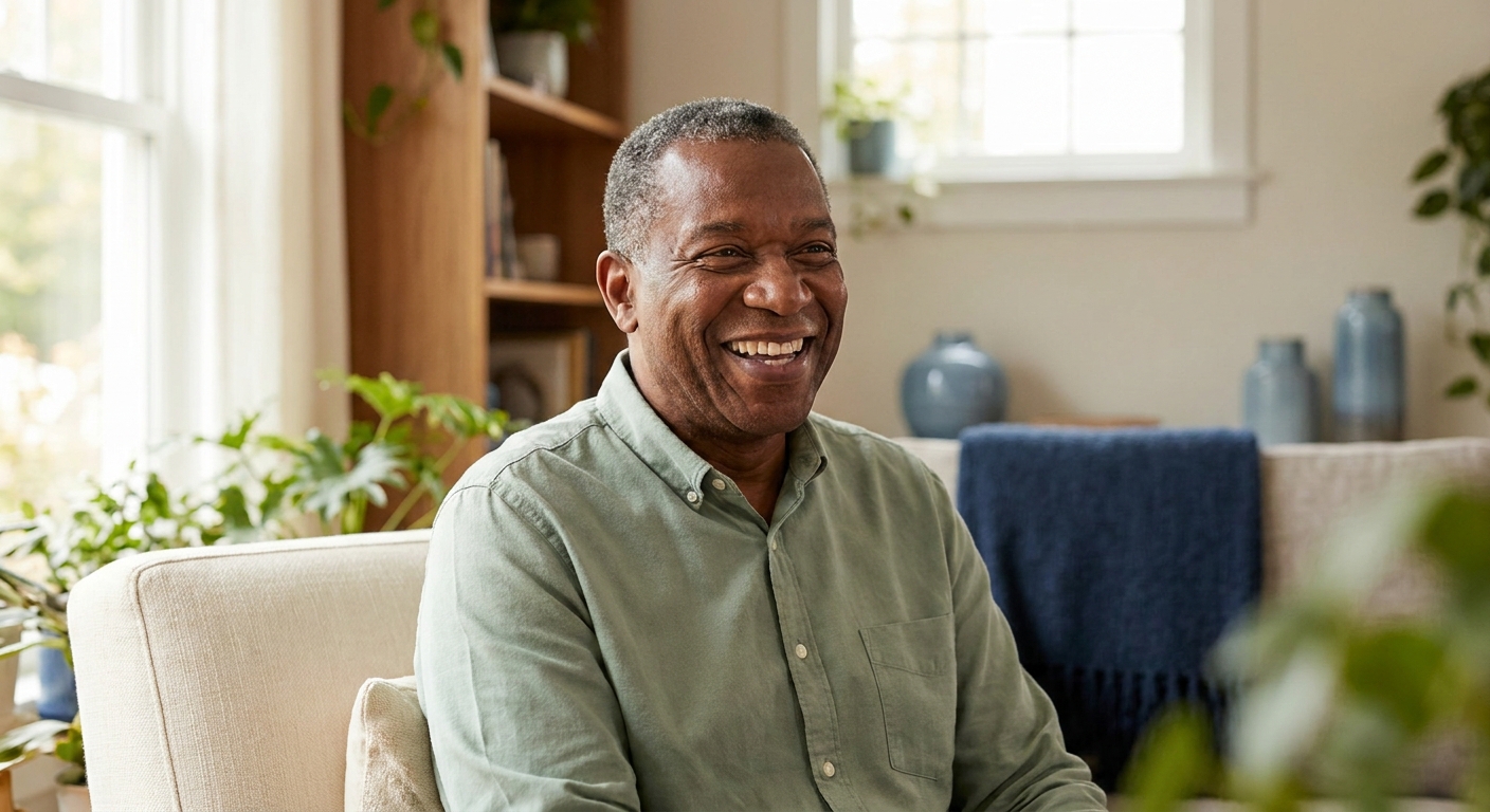 Portrait of a man in a sage shirt laughing in a bright living room